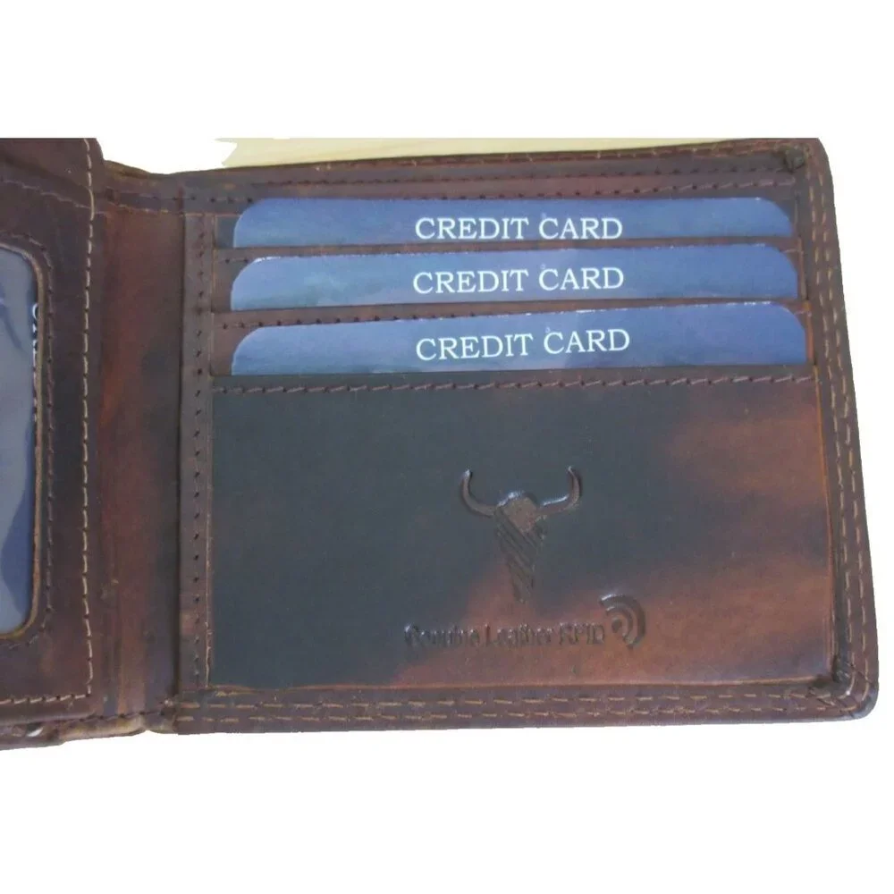 Men's Distressed Leather American Flag Bifold Brown Embossed Leather Wallet NIB